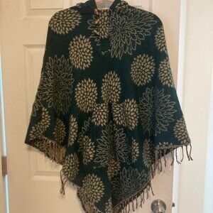 100% Wool Hooded Poncho - Hand Made in Nepal - Green & Gold Floral -